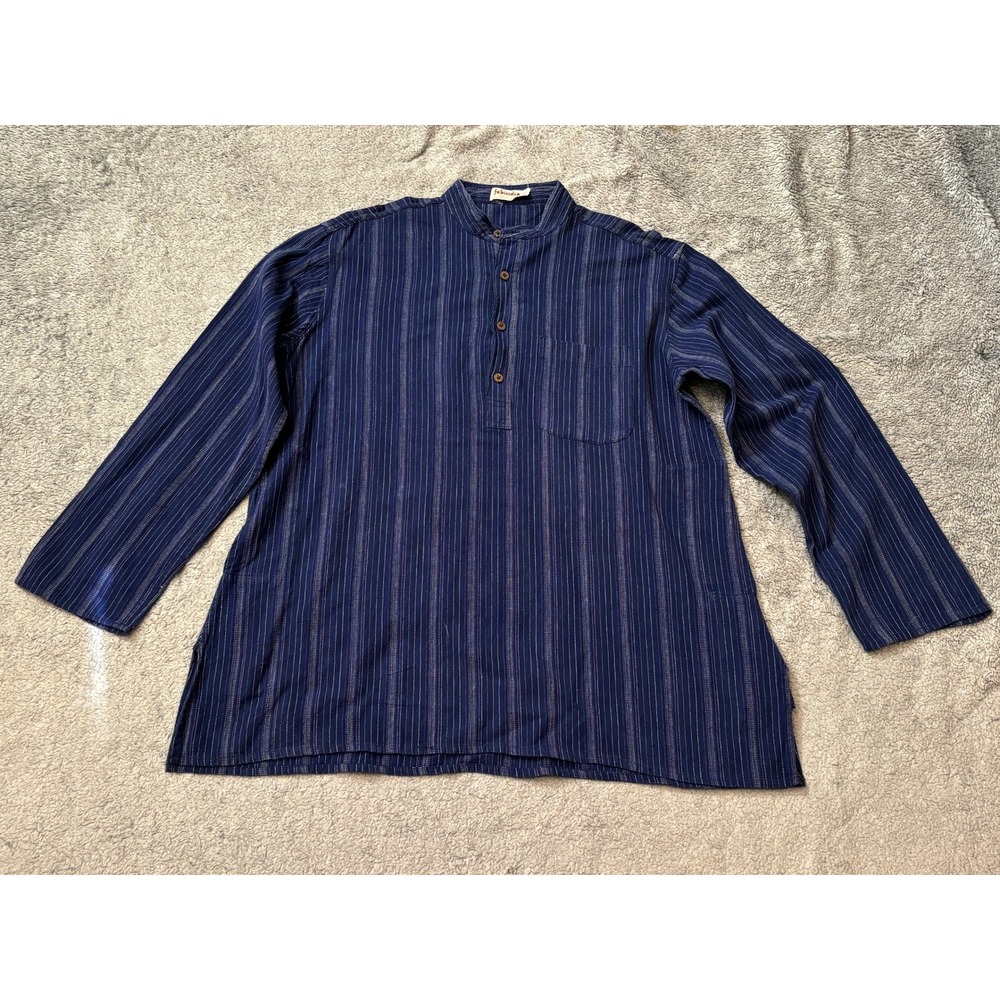 Fabindia Mens Indigo Blue Striped Cotton Kurta Mandarin Collar Henley Shirt 40